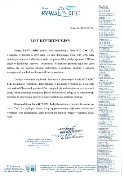 KT7 CNC - list referencyjny Rywal